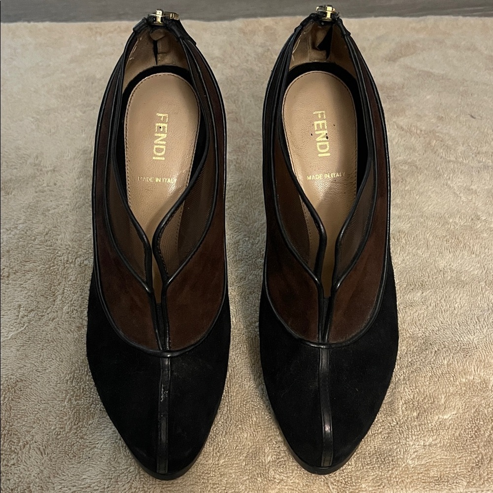 Fendi Black & Brown Ankle Boots with mesh- Fendi design on heel- Classic/vintage